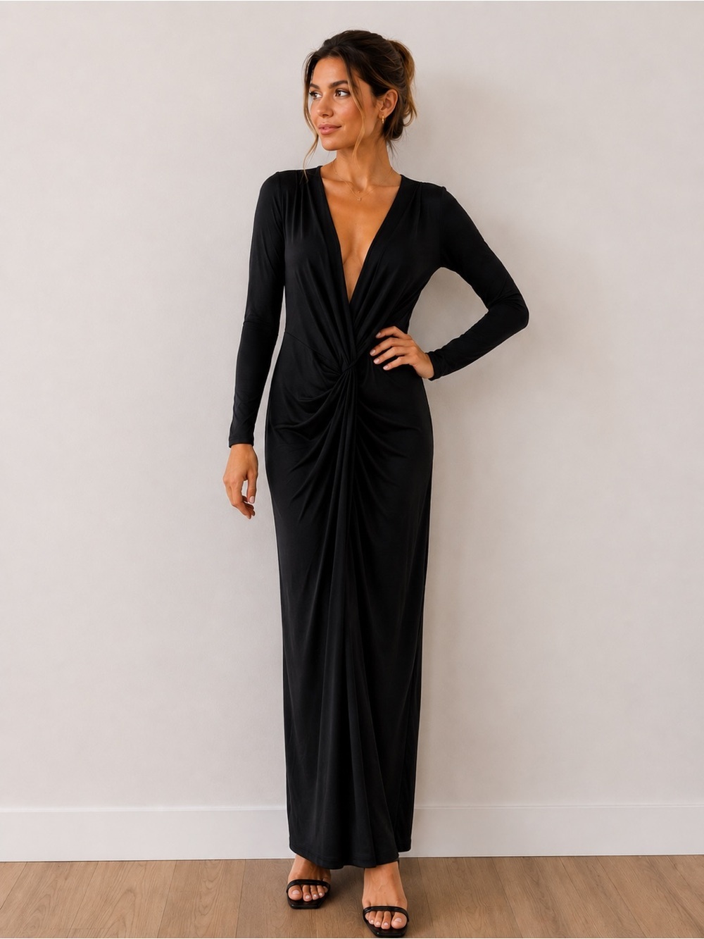 Belita Black Twist Front Maxi Dress Long Sleeve Deep V Neck Evening Dress Medium